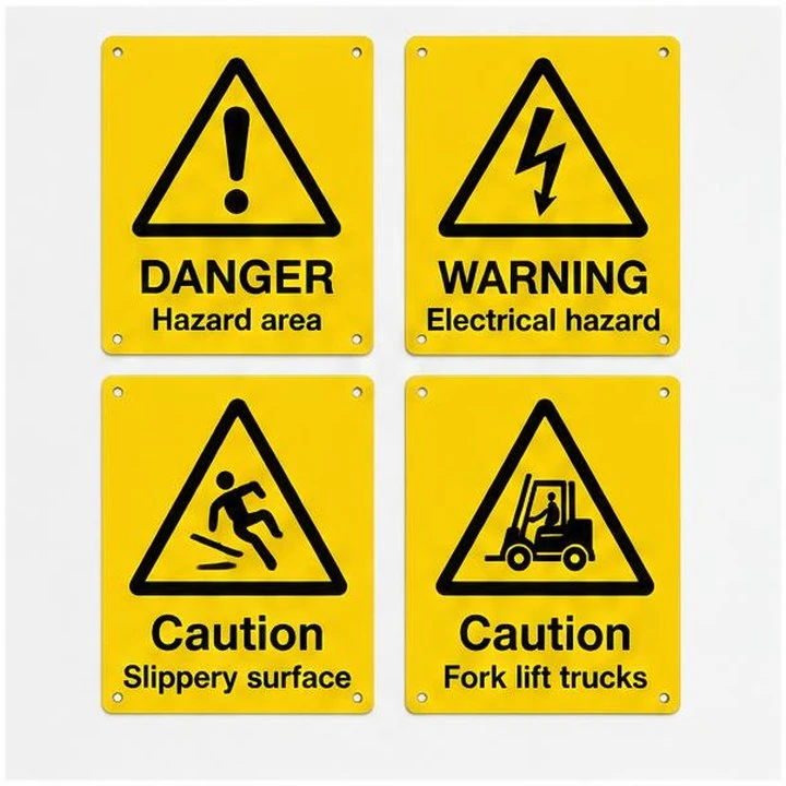 Representative product view of danger/warning signs on a clean neutral background