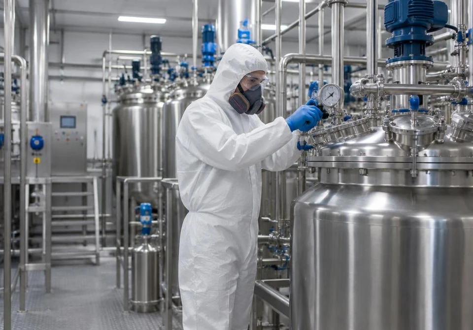 Technician in protective coverall and respirator working beside stainless steel process tanks