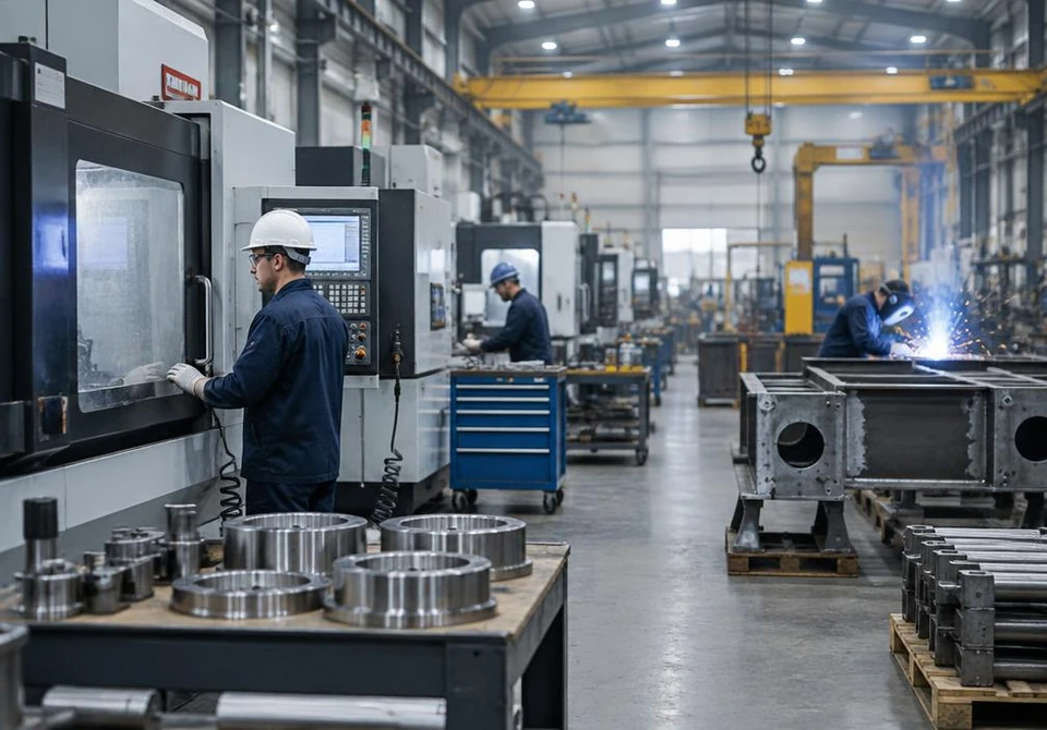 Engineering shop floor with CNC machines and workers wearing protective equipment