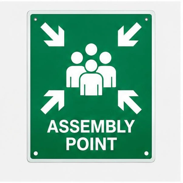 Representative product view of assembly-point signage on a clean neutral background