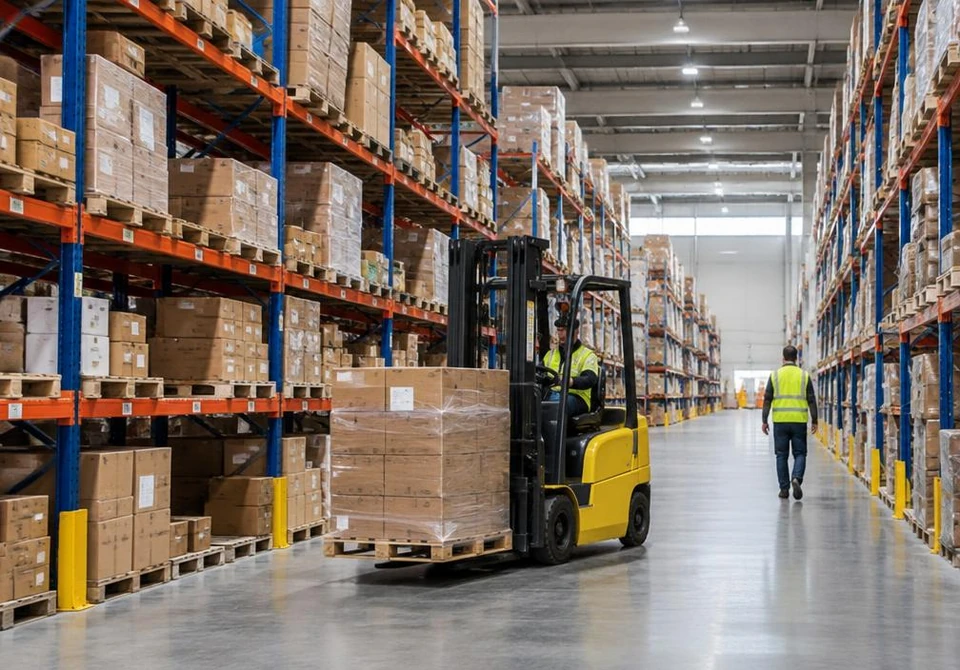 Warehouse aisle with tall racking, pallets and a forklift operator in a high visibility vest