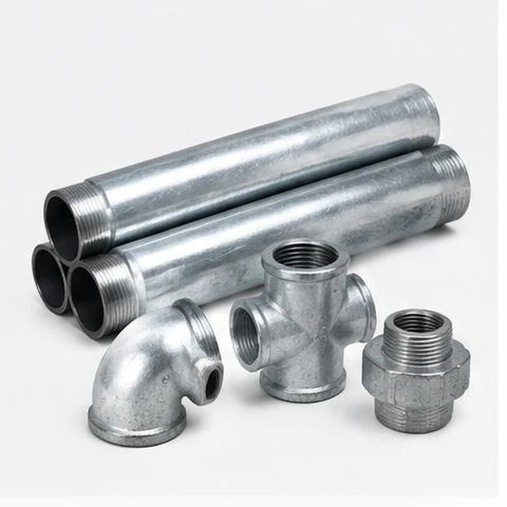 Galvanised iron pipes with matching threaded fittings