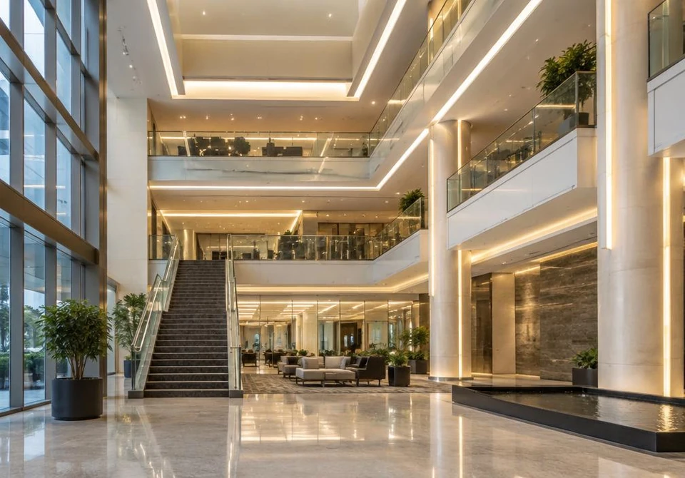 Modern commercial building atrium with glass balustrades and polished floors