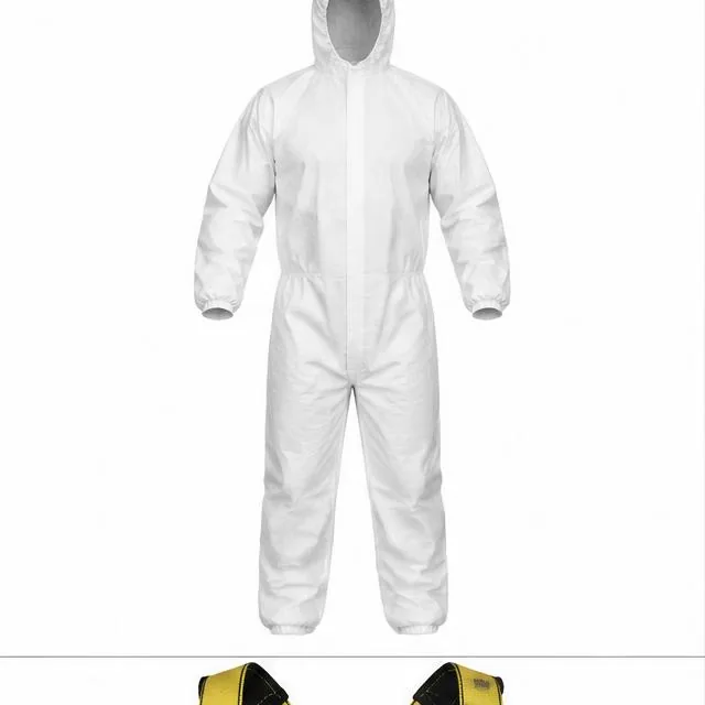 Representative product view of protective coveralls and body suits on a clean neutral background